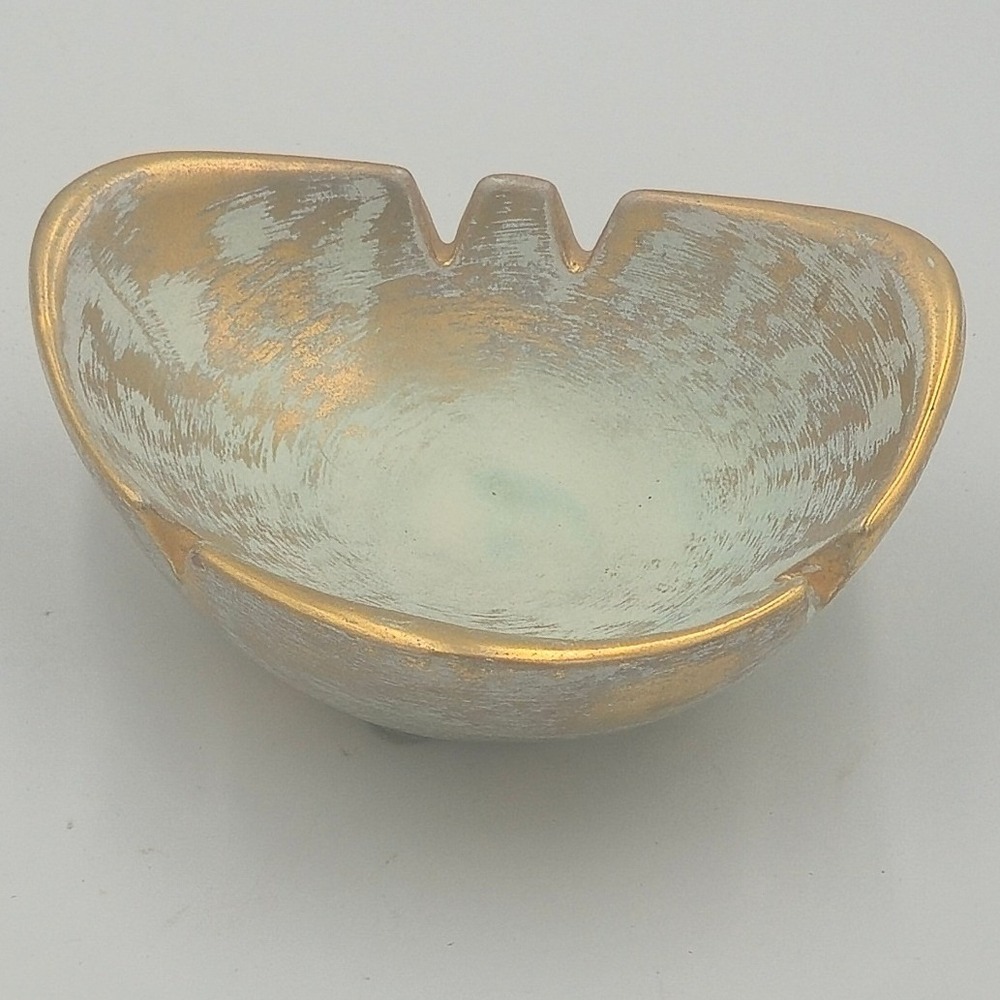 Vintage Stangl Pottery Antique Gold on Green 5" Cupped Catchall Dish 22K Trim